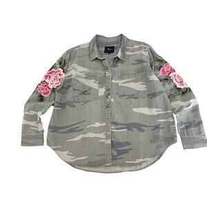 Rails Marcel Camo Shirt Overshirt Size L Womens Floral Embroidered Sleeves Snap